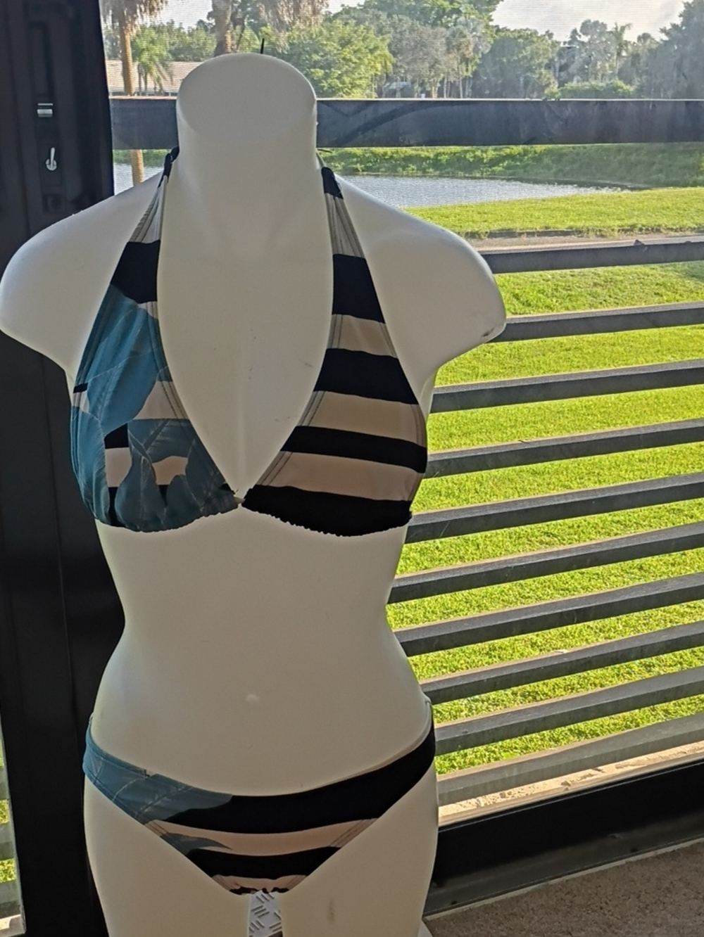 Vince Camuto Blue Black White Striped Halter Bikini